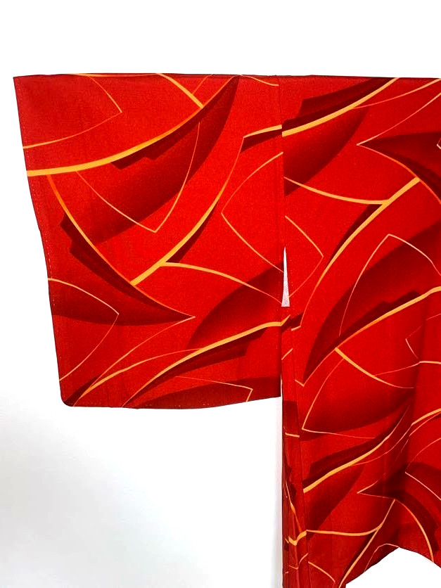 VINTAGE Unused Haori Kimono Jacket Geometric Scarlet M Yuki 26in Unlined Japan