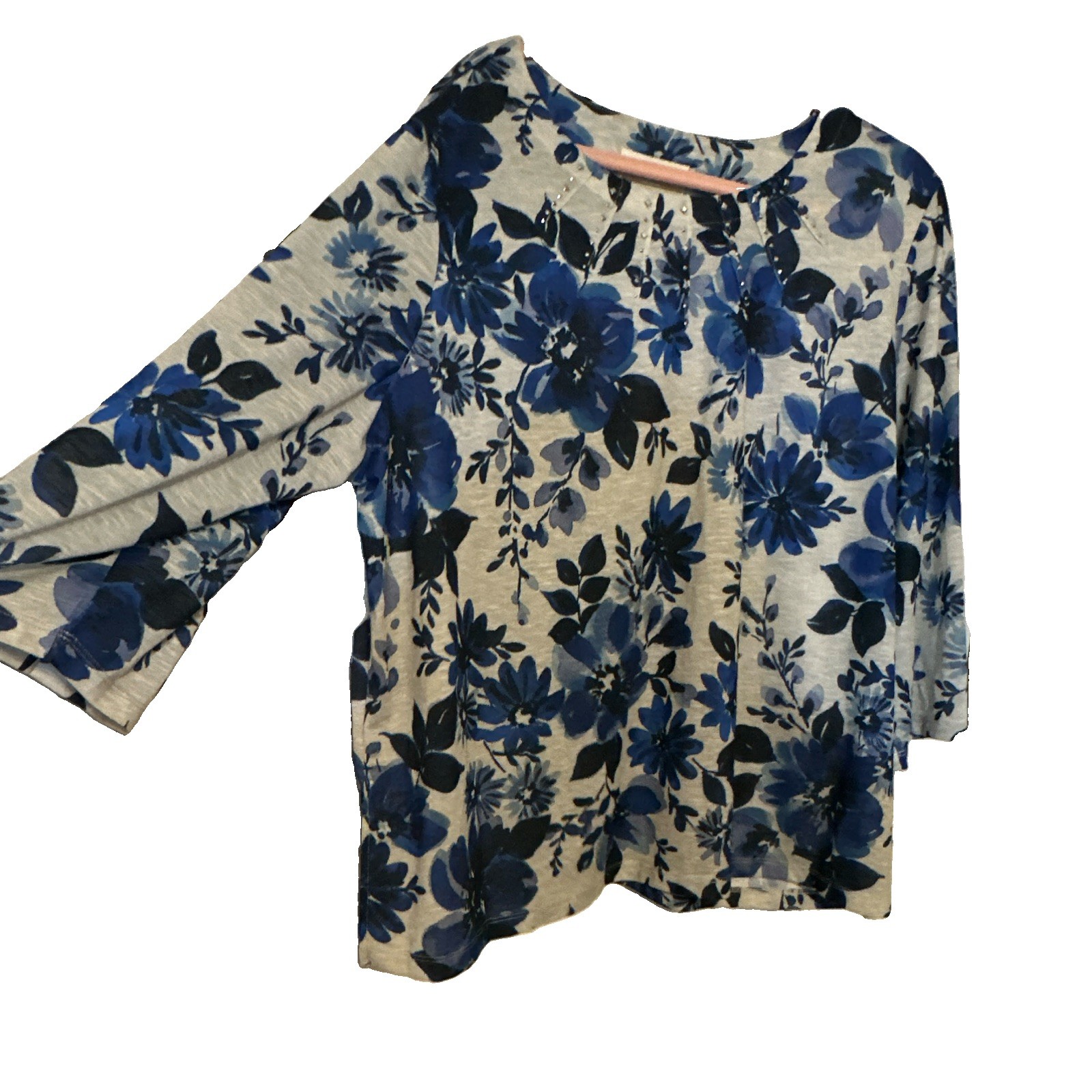 Alfred Dunner 3X Gray/Blue/Black Floral Studded Split Neck 3/4 Sleeve Knit Top