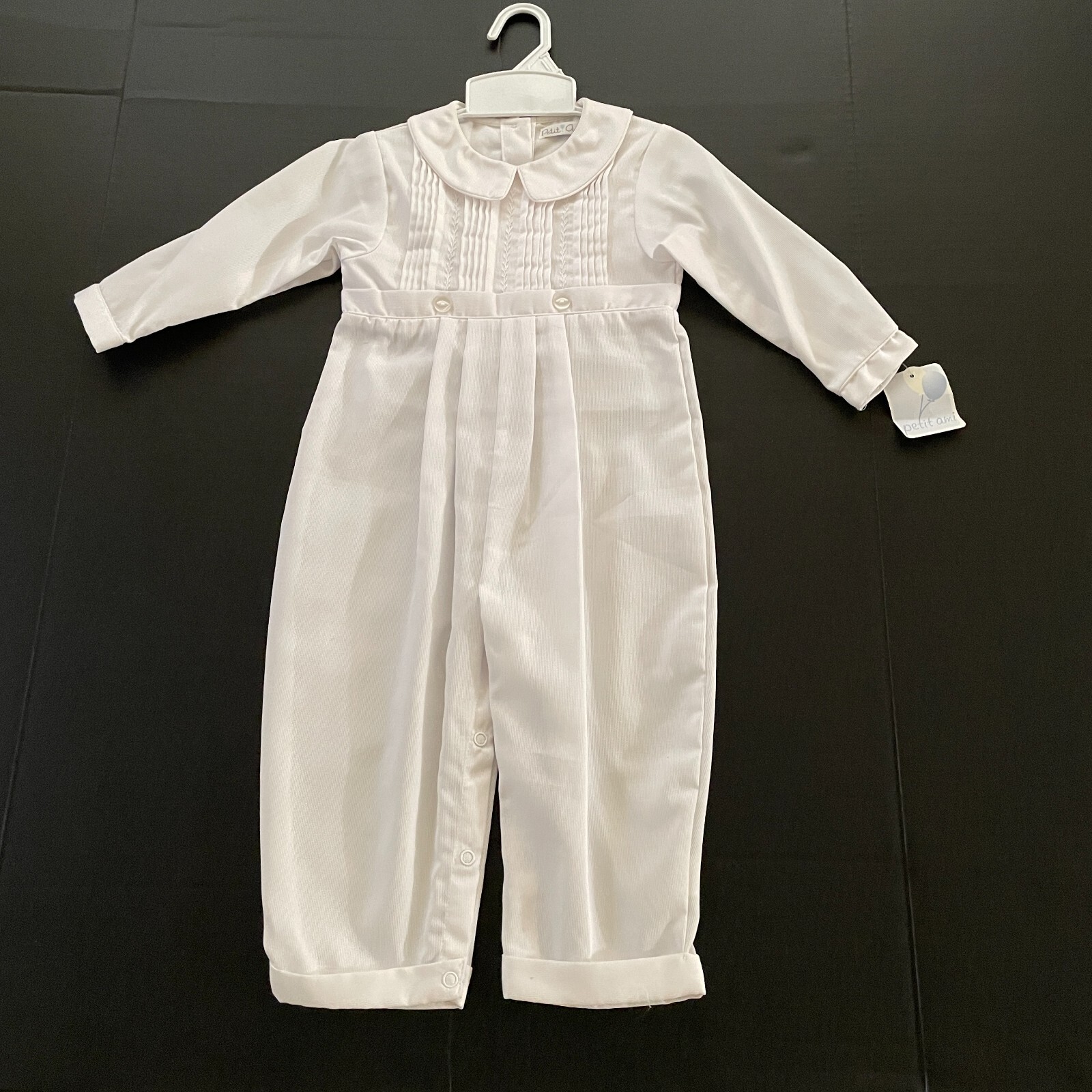 Petit Ami Boys Christening Baptism Outfit 24 Mon White Coverall Bonnet Set Tucks