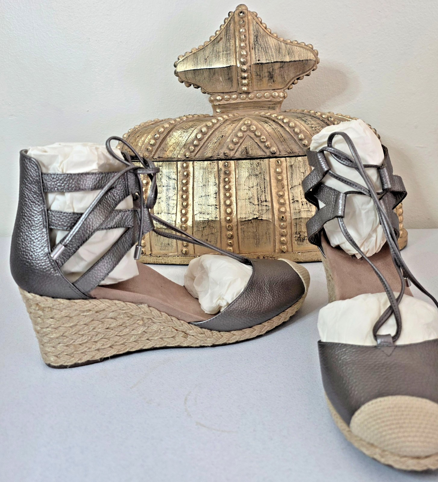 VIONIC Aruba Calypso Orthotic Lace Up Espadrilles Wedge Pewter Size 9 NEW IN BOX