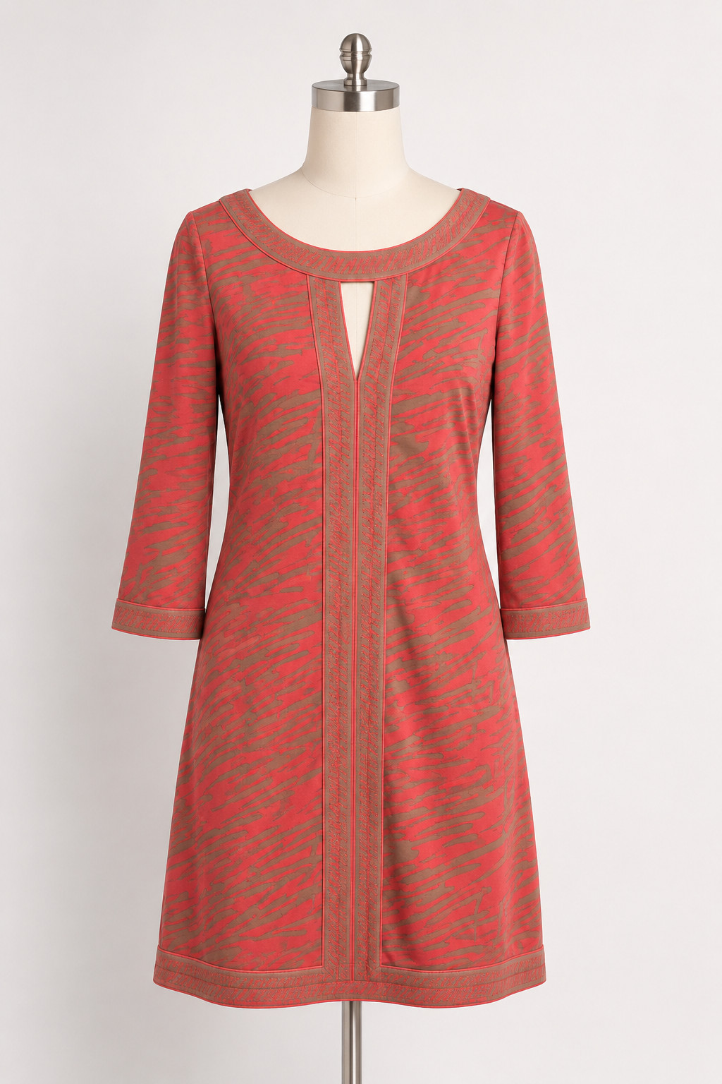 BCBG Max Azria Dress XS Coral Taupe Abstract Print Shift Dress 3/4 Sleeve