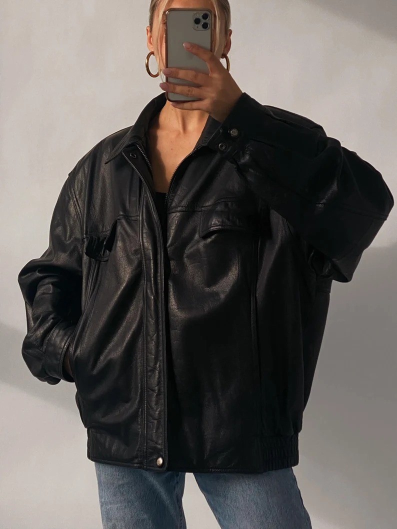 Oversized Black Leather Bomber Jacket Women Vintage Y2K Biker Coat