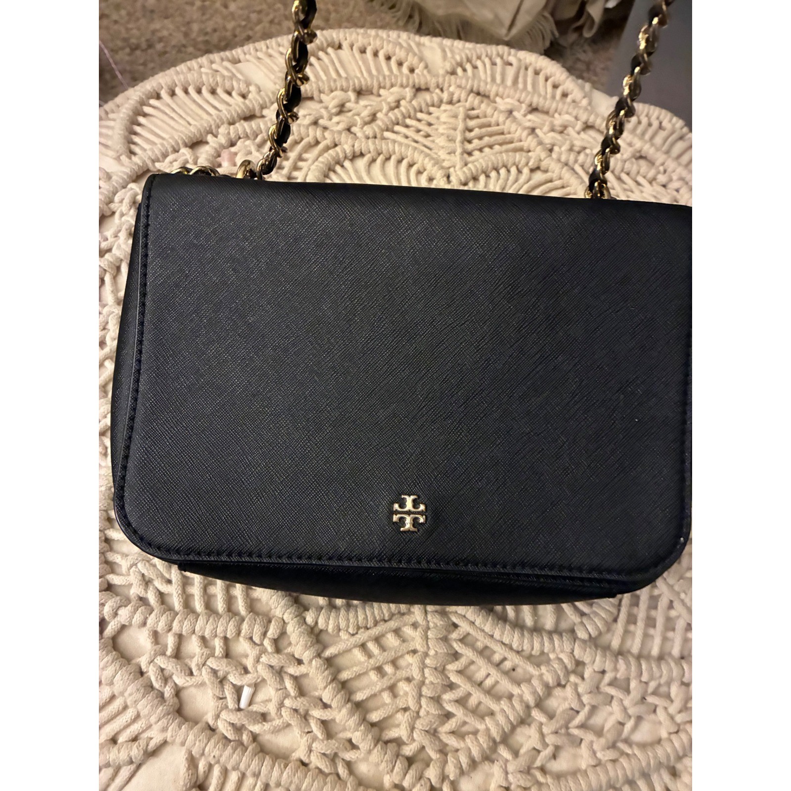 Tory Burch Robinson Black Saffiano Leather Chain Crossbody Bag Gold Hardware