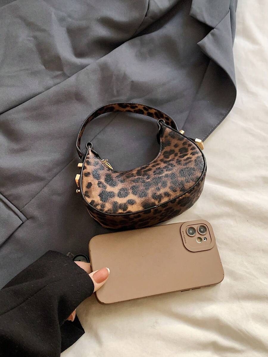 Leopard Print Mini Hobo Bag Half Moon Shoulder Purse Women Fall Winter New