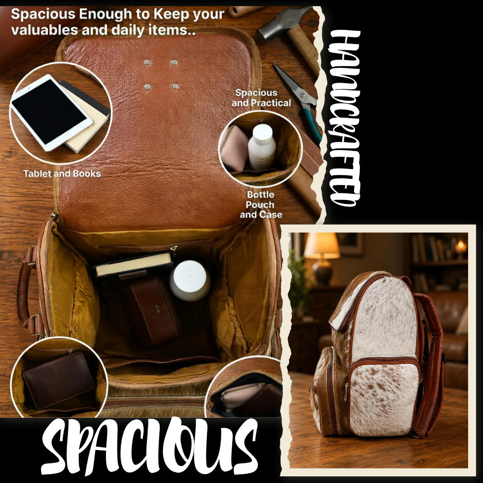Hair-On Cowhide Leather Backpack Brown White Western Multi-Pocket Daypack Unisex