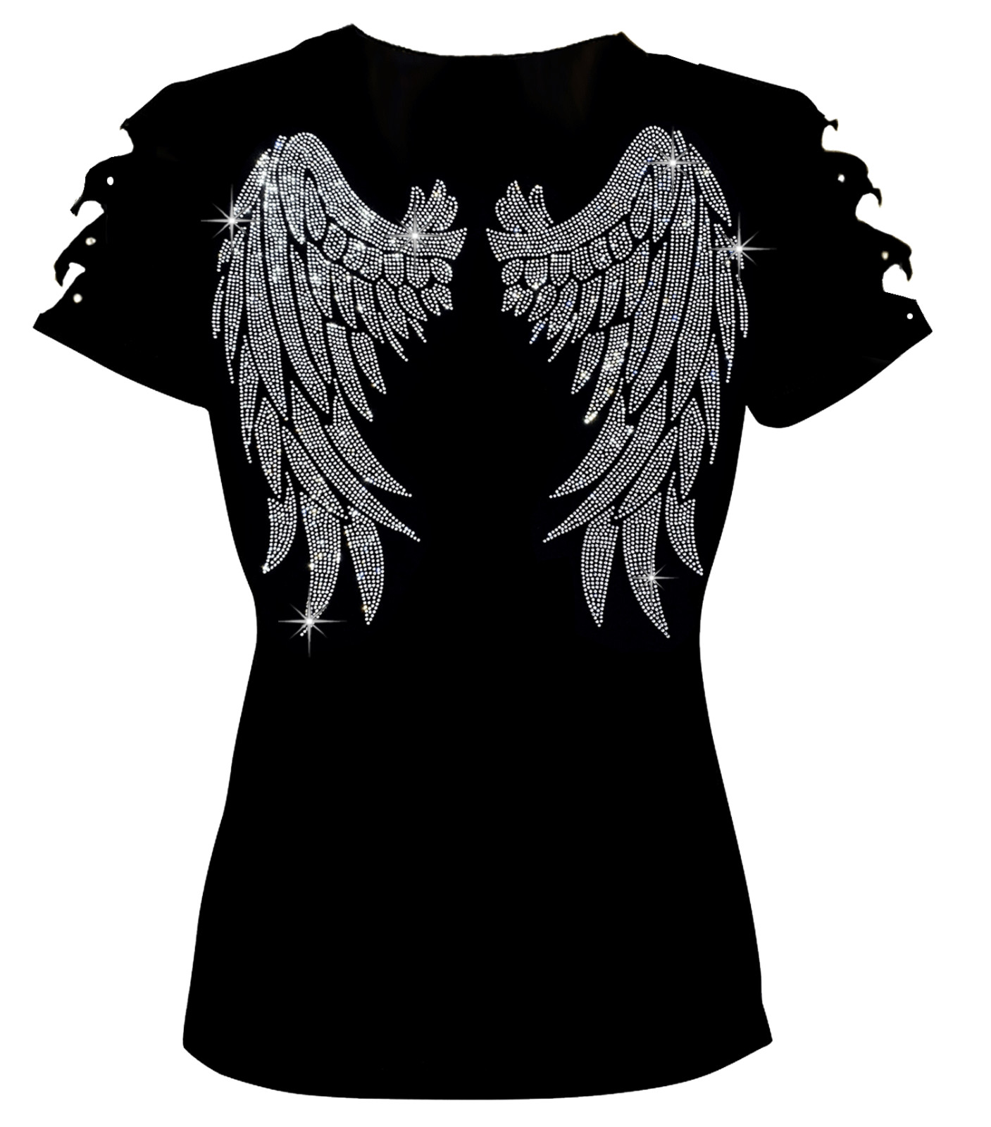 New Wide Angel Wings Women’s Tops Rhinestone Shirt Ripped Slit Cut Out XS~4XL