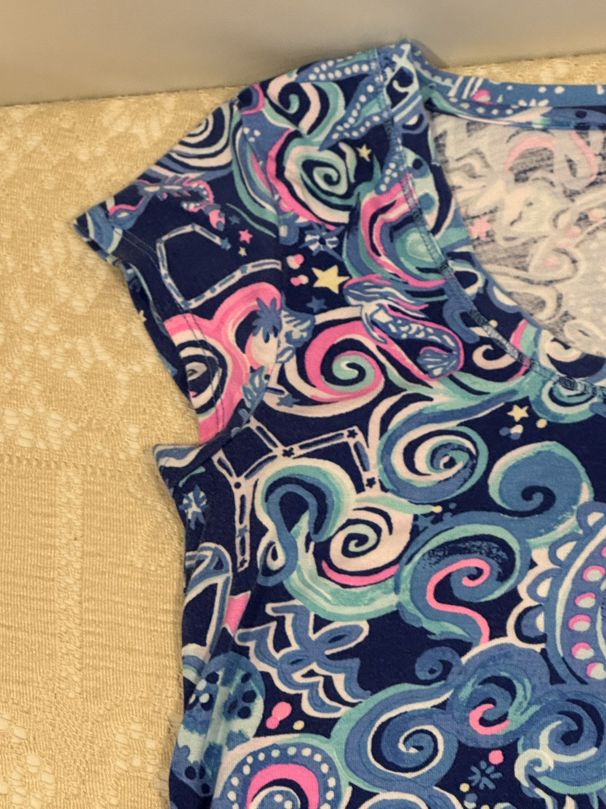 Lilly Pulitzer PJ Knit Ruffle Henley Top Blue/Pink Cosmic Kismet Size XS