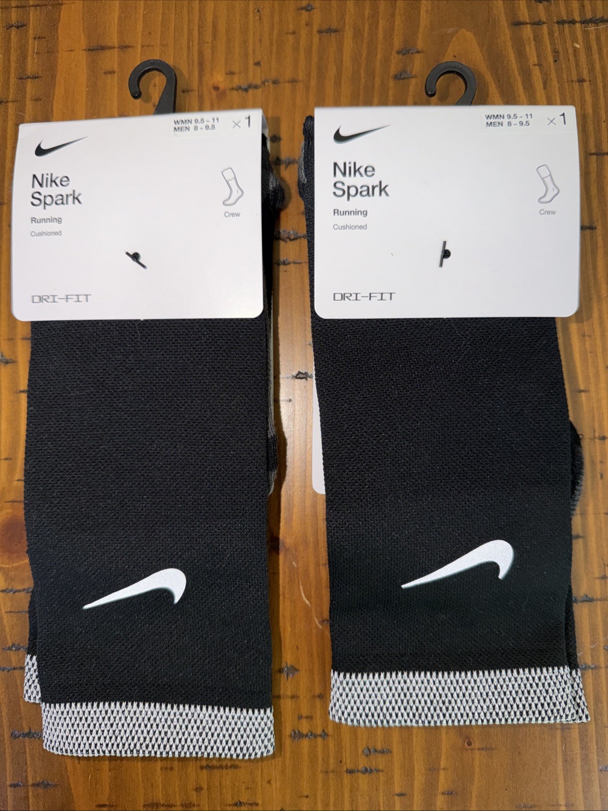 (2) Pair Nike Spark Cushioned Crew Running Socks Black- Men 8-9.5 Wmn 9.5-11 NWT