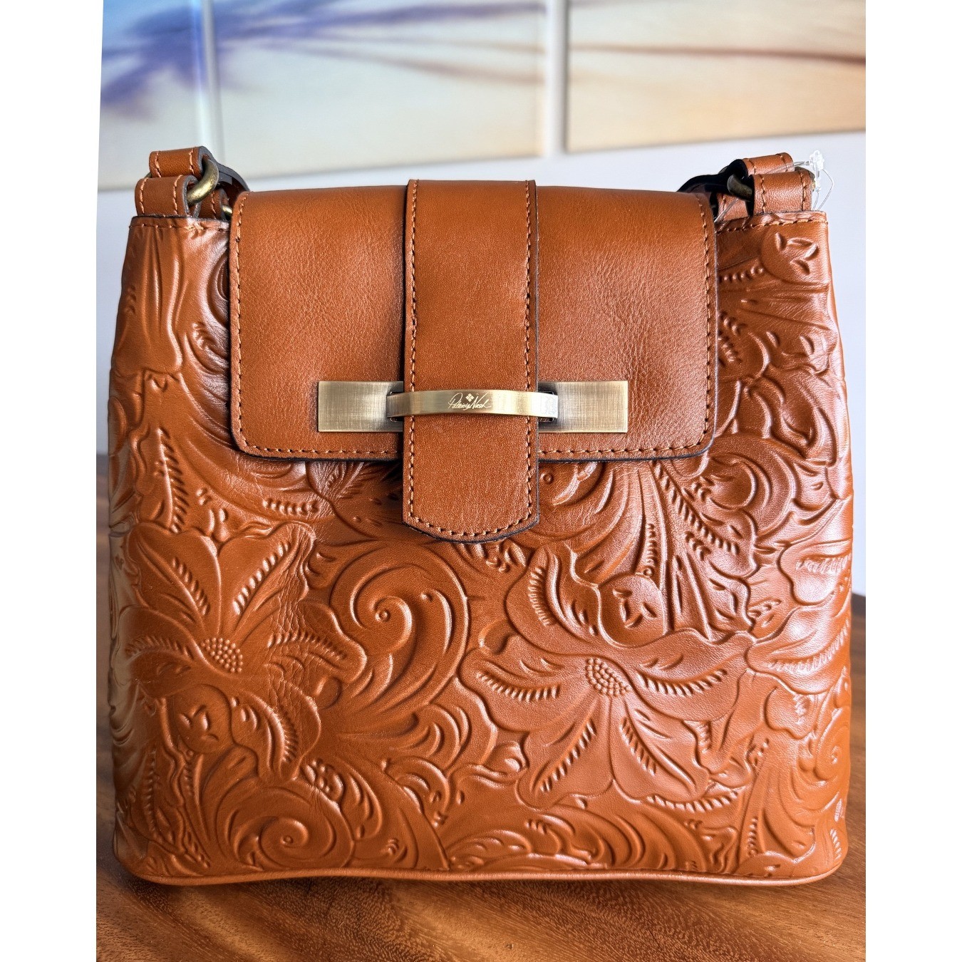 Patricia Nash Larone Tooled Leather Bag Embossed Floral Florence Tan Cognac NWOT