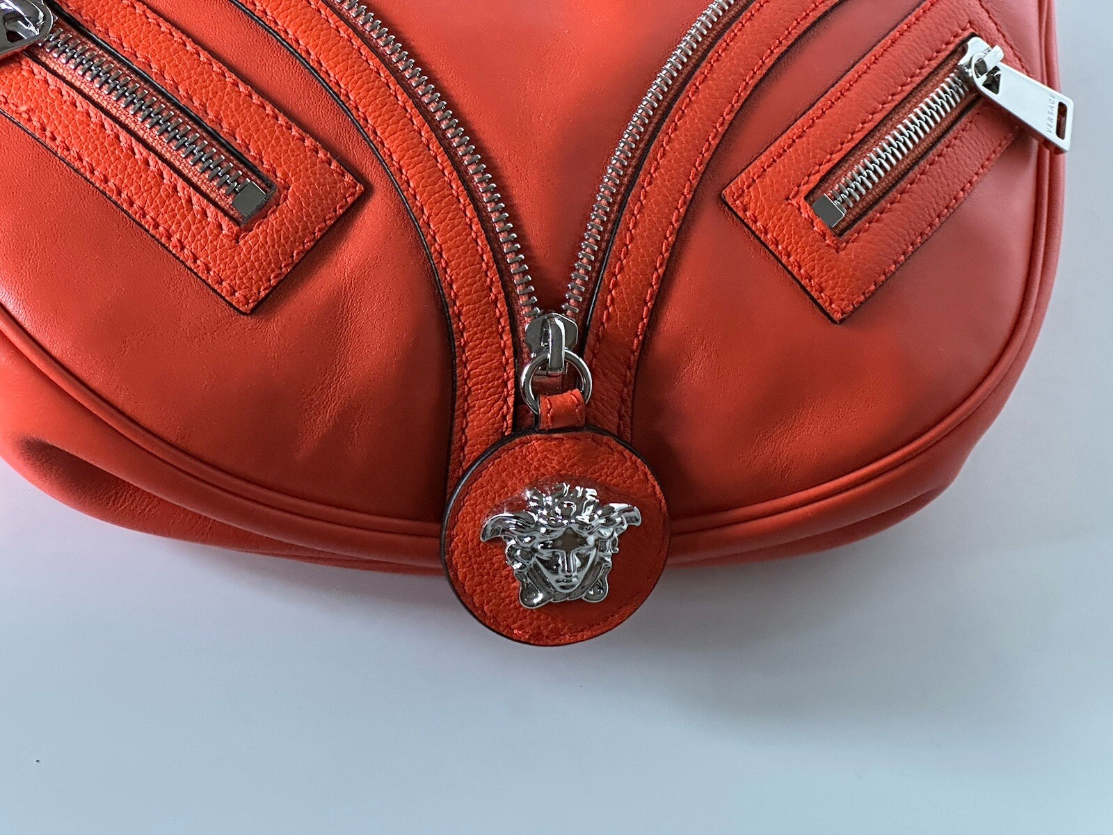 NWT $1925 Versace Silver Medusa Head Calf Leather Small Orange Hobo Bag 1007680