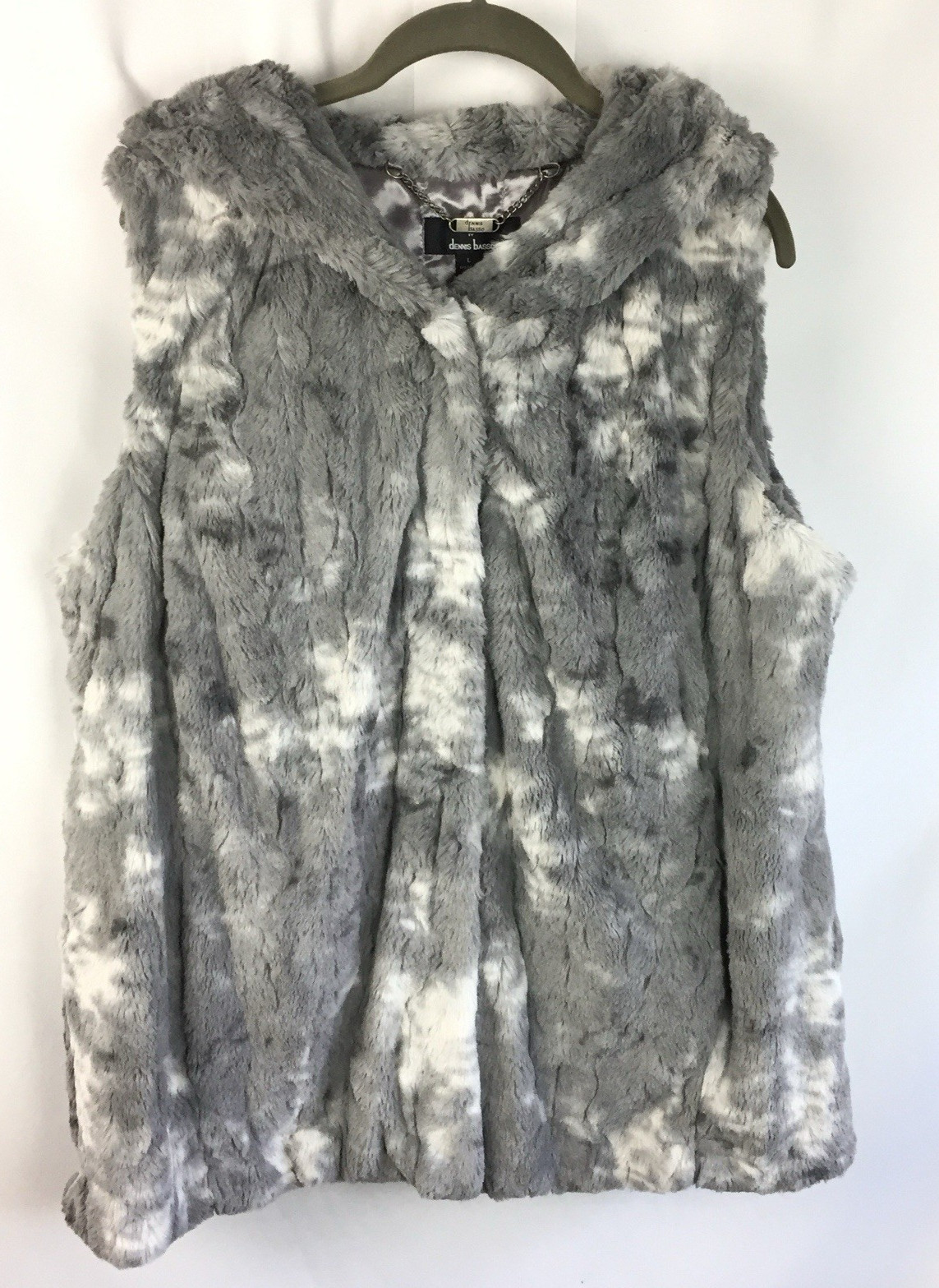 NWOT Dennis Basso Snap Front Faux Fur Hooded Vest Textured Gray Size Large Lined