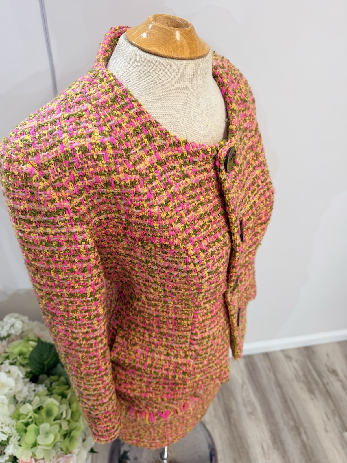 Pink Multi Tweed Fringe Blazer Jacket And Skirt M Floral Print Lining