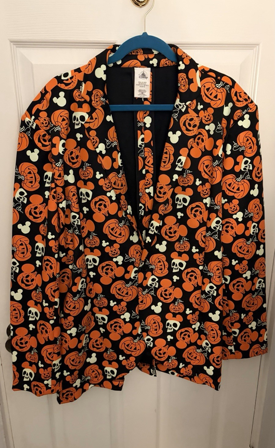 Men’s XL Halloween Disney Mickey Pumpkin Skull Blazer, Black Orange White