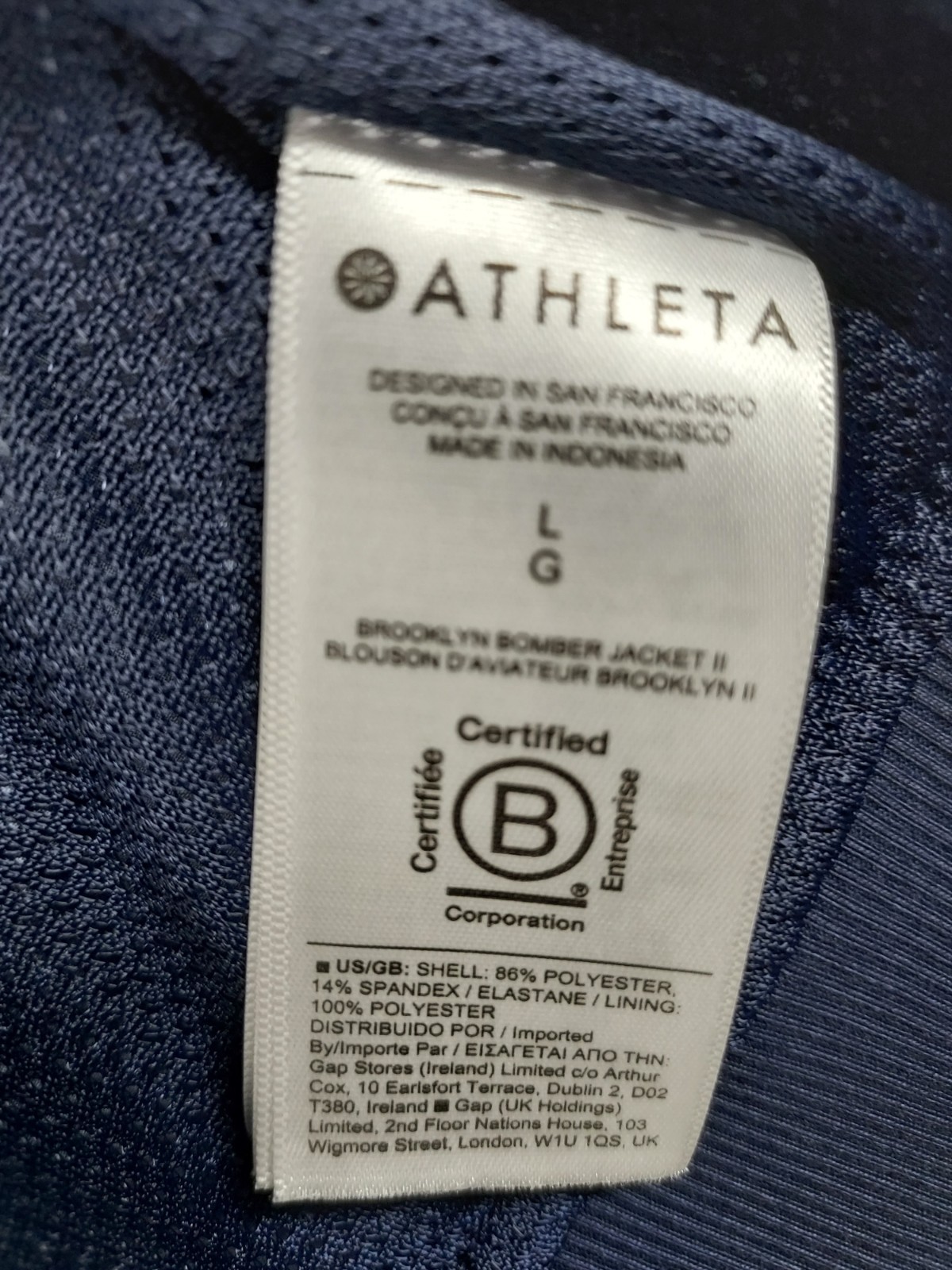Athleta Women Bomber Jacket L Blue Cano Full Zip High Neck Pockets Outerwear