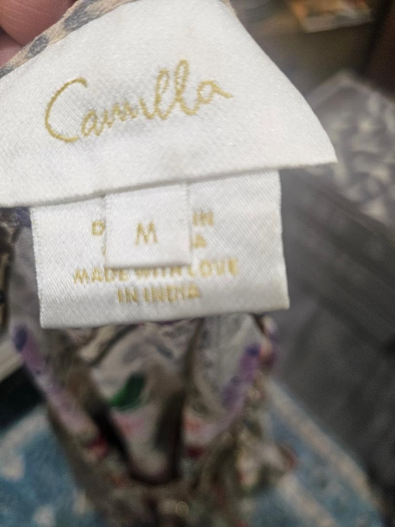 Camilla M/L 12 LEOS BOUQUET A-Line Gathered Panel Dress Short Silk Crystals $699