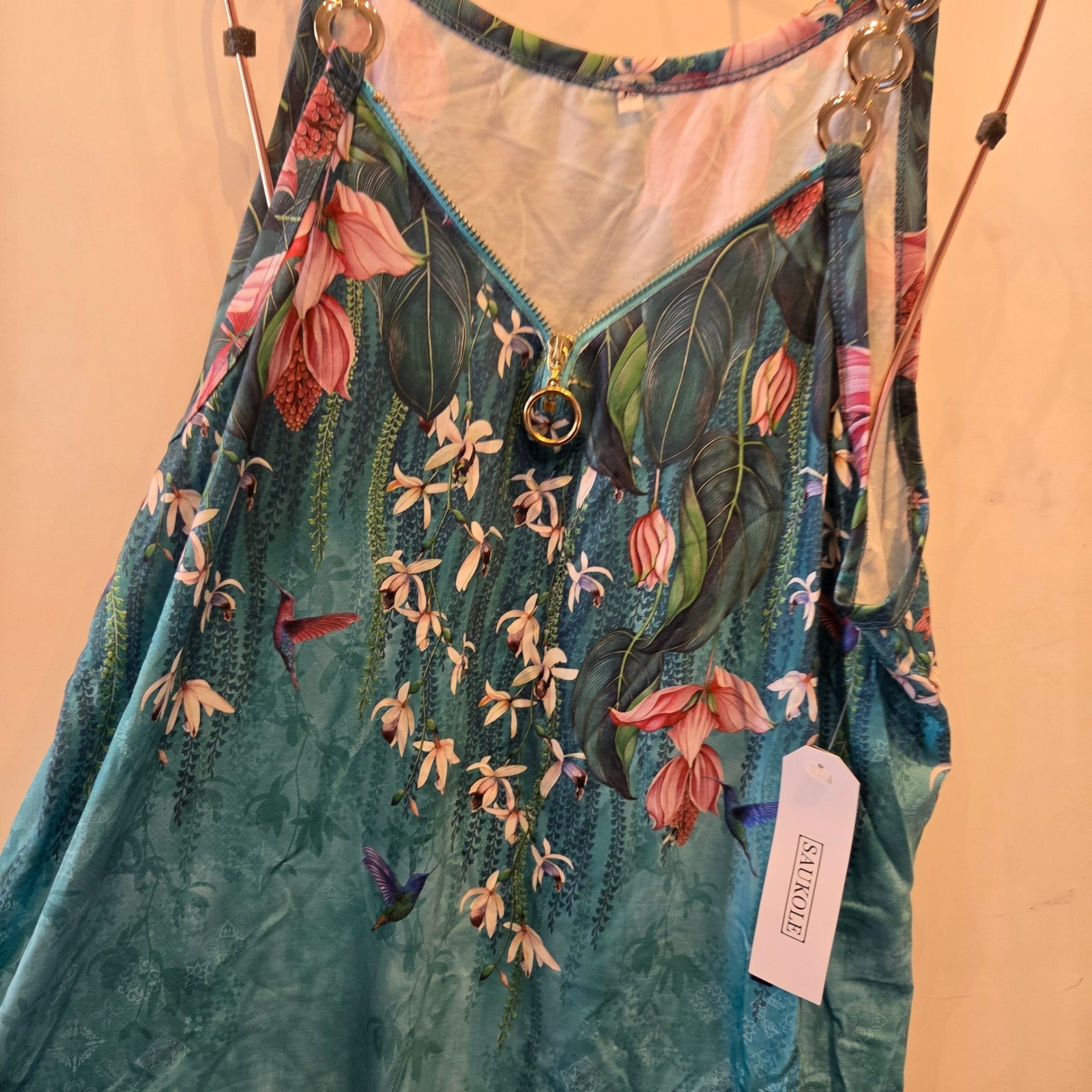 Saukole Tank Top Women XL Green Floral Zipper Chain Strap Tropical Boho NWT