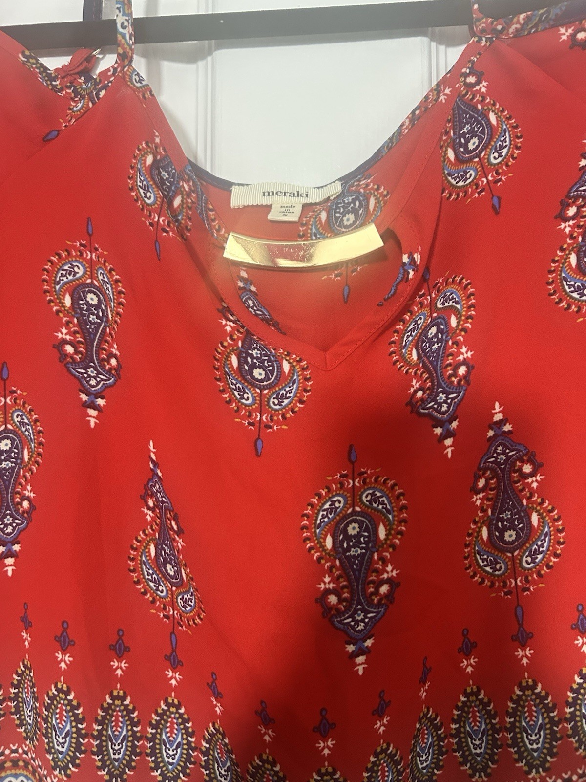 Meraki Red Paisley Cold Shoulder Blouse Small Boho V-Neck Gold Bar Top Festival