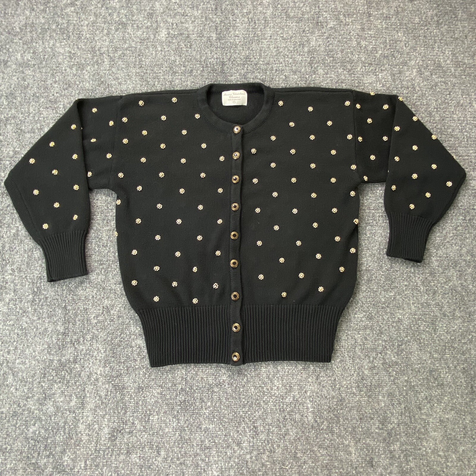 VTG 80s Marisa Christina Classics Cardigan Sweater Womens S Black Gold Studded