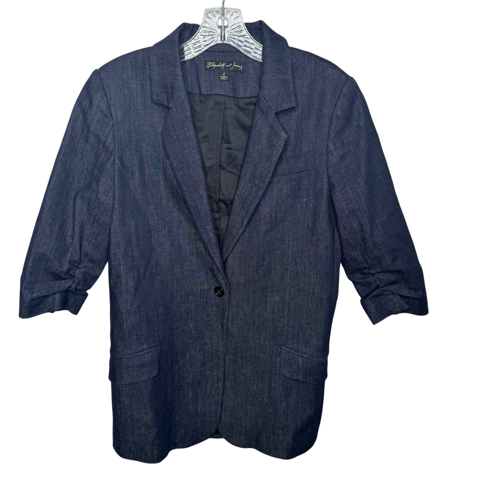 Elizabeth and James Blazer Womens 6 Blue Ruched Sleeve Jacket Modern Workwear