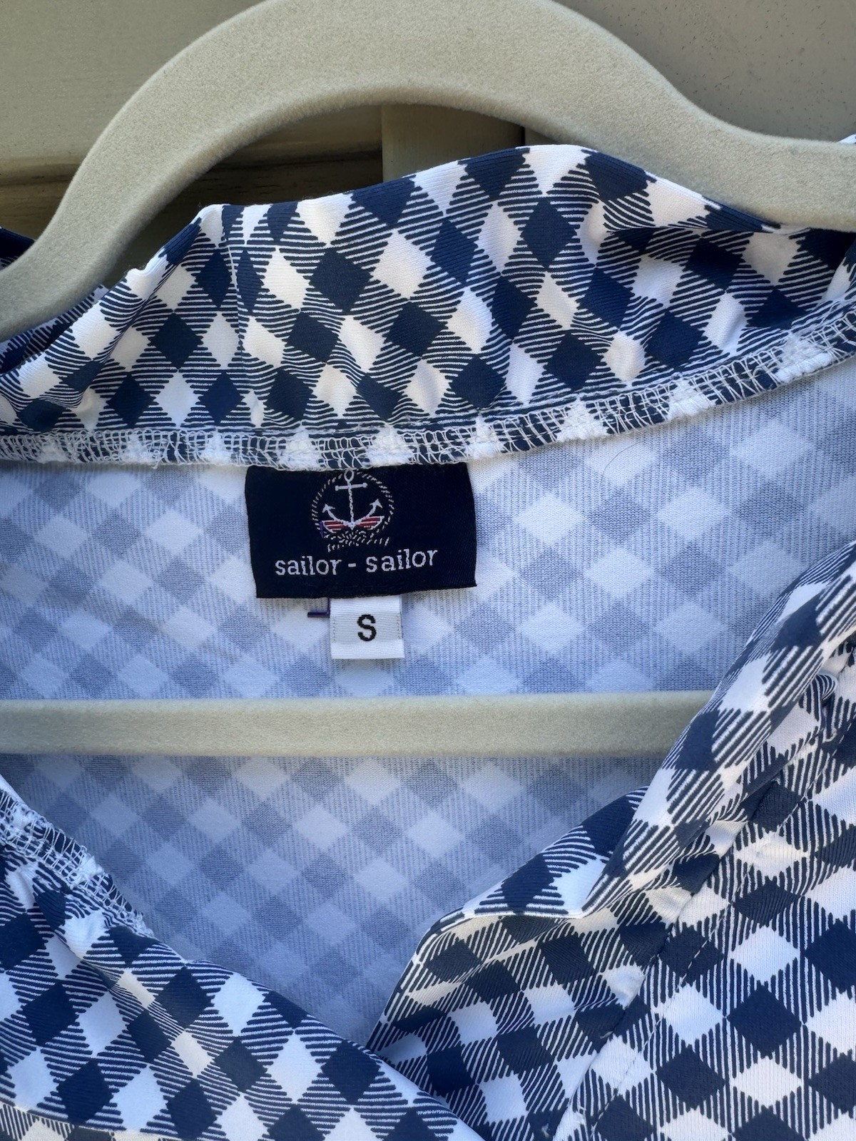 sailor-sailor Women’s S Blue/White Gingham Shift Dress V-Neck Knee Length