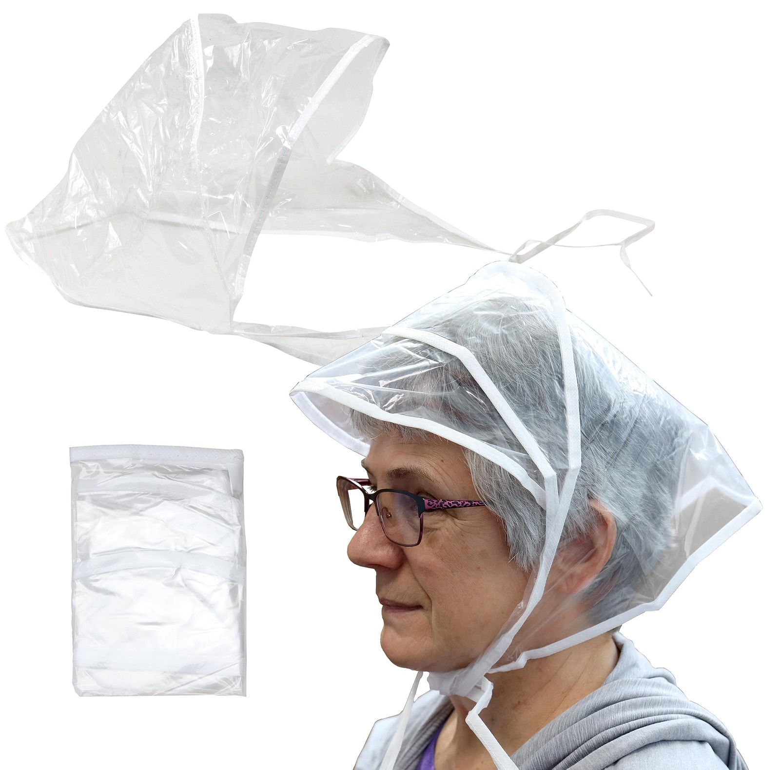 Clear Plastic Rain Bonnet Hair Cover Poncho Hood-Single-Transparent Protectiv…