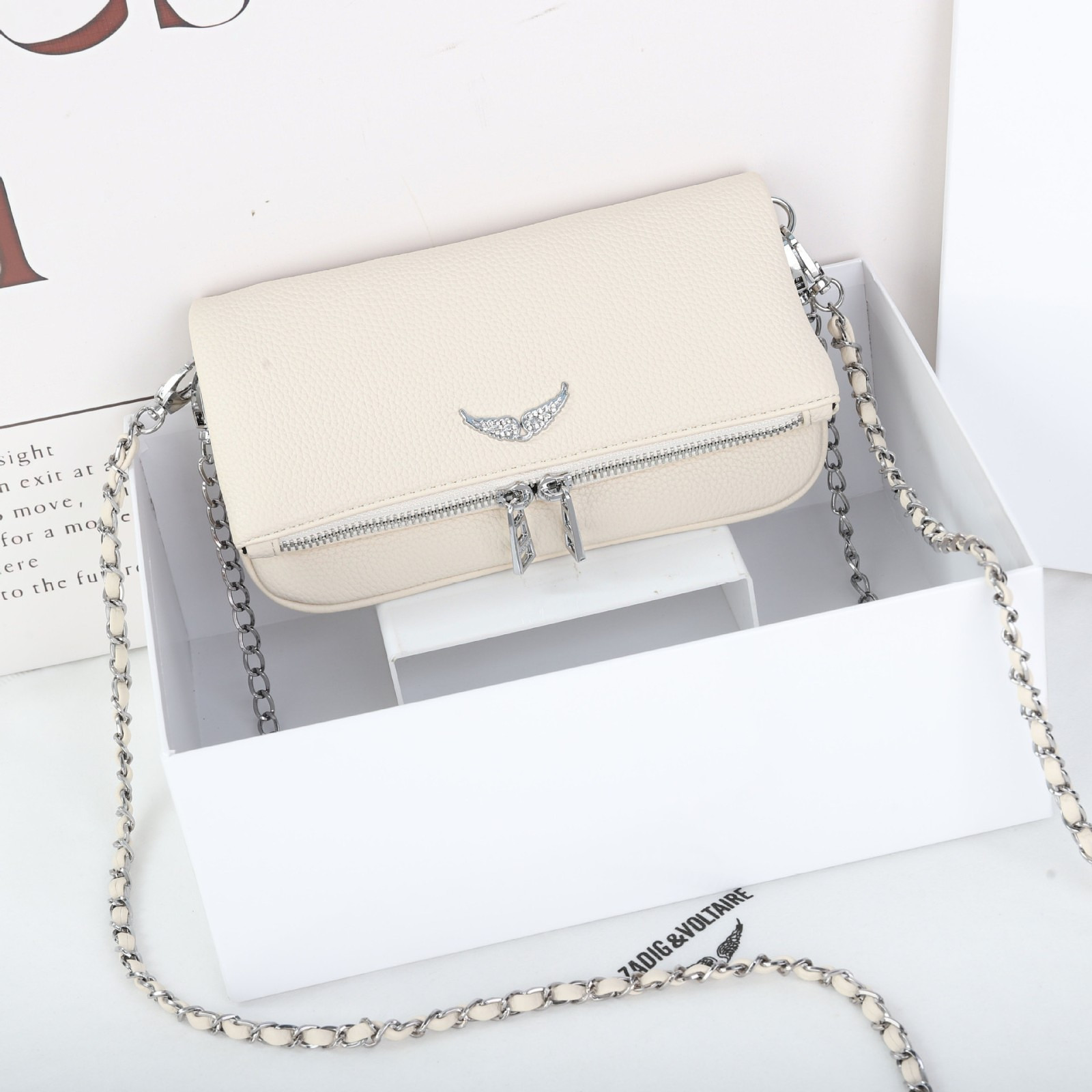 Zadig & Voltaire Beige Leather Bag Silvery Dual Chain Strap Crossbody 21x13cm