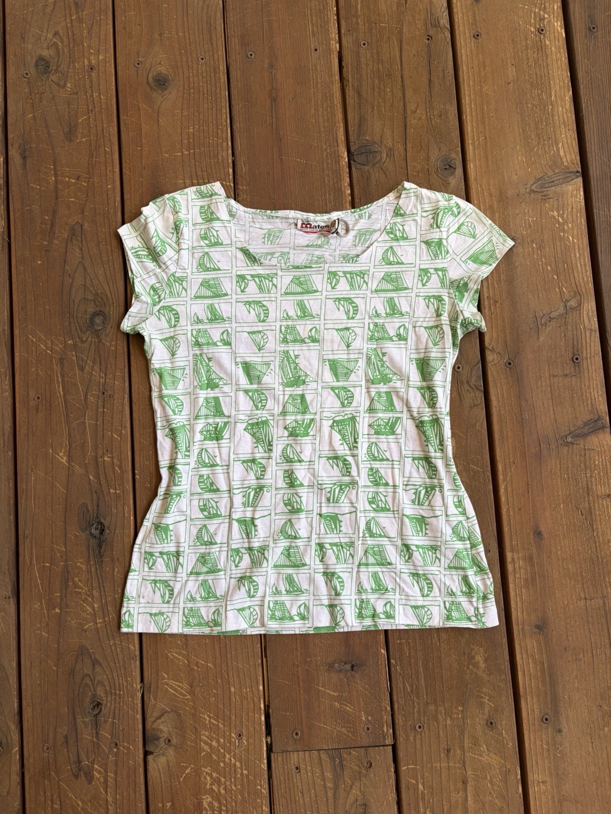 Vintage Sears Mates Junior Bazaar Sailboat Print Top Green White Tee Women’s S/M