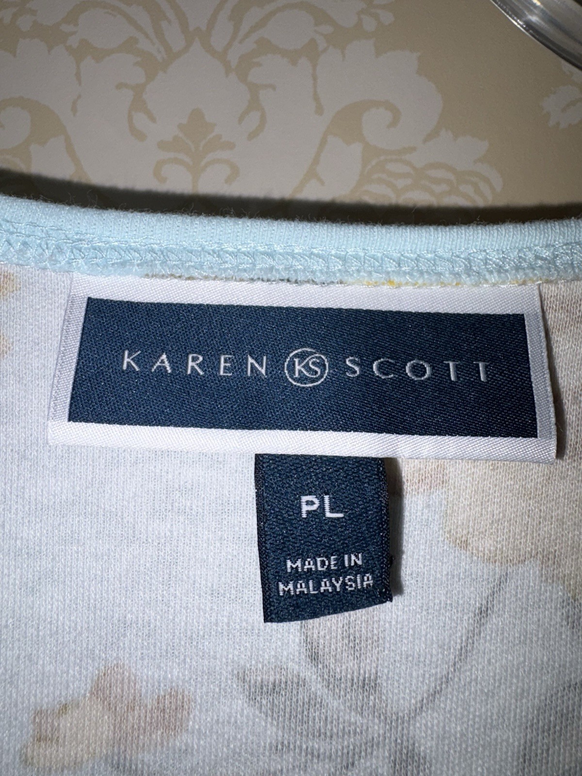 Karen Scott Petites PL Yellow Navy Mint Roses Floral Knit 3/4 Sleeve Tops 2 pcs