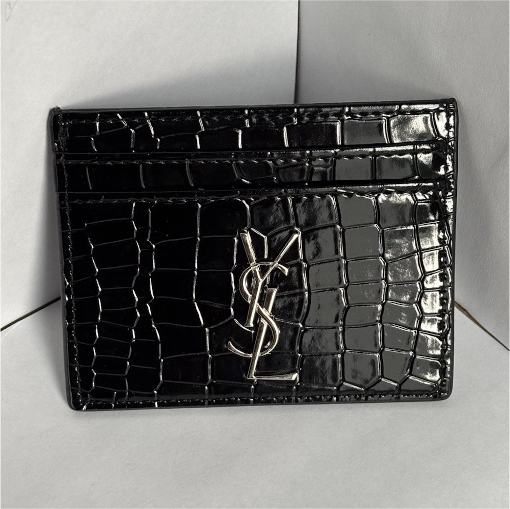 Saint Laurent Black Crocodile Pattern Logo Accent Women’s Card Wallet