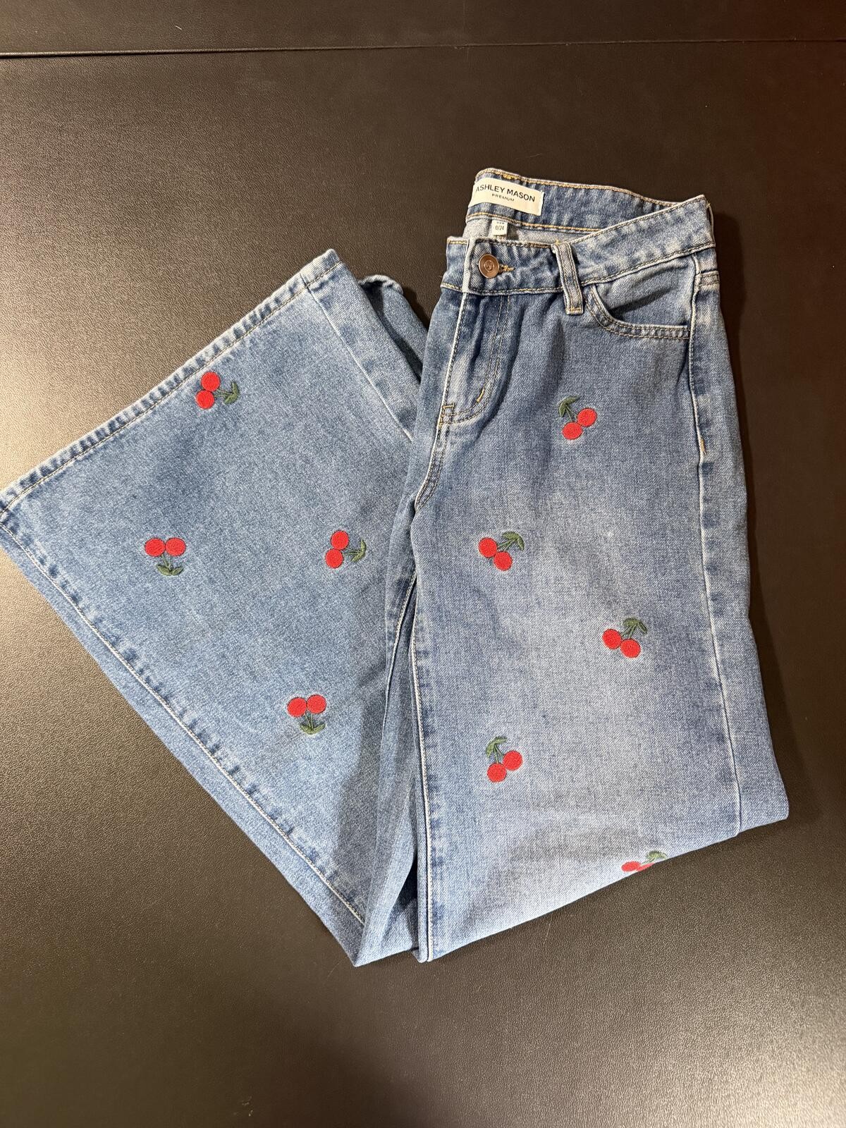 Ashley Mason Premium Women’s Light Blue Wide Leg Flare Jeans with Embroidered Ch