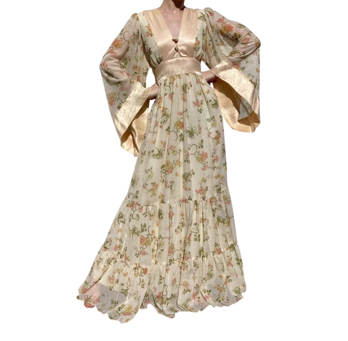 70s Rare Gunne Sax By Jessica Maxi Floral Butterfly Print Angel Kimono Sleeve
