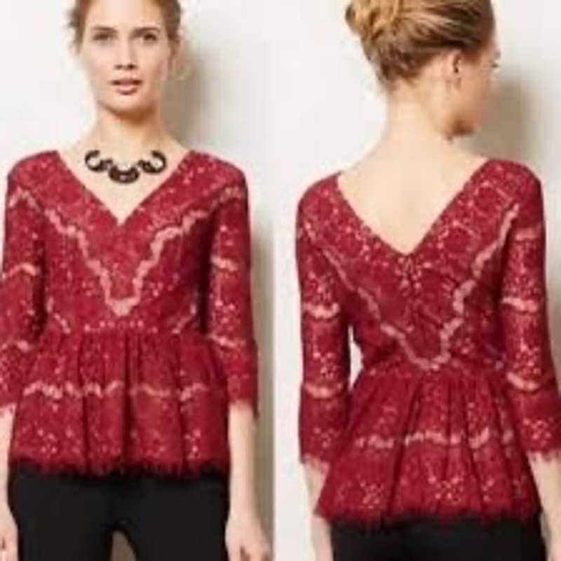 Maeve Anthropologie burgandy lace 3/4 sleeve peplum blouse – small