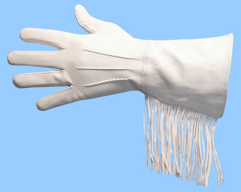 LEATHER GAUNTLET GLOVES-NEW MENS WHITE LAMBSKIN LEATHER with FRINGE -SILK LINED
