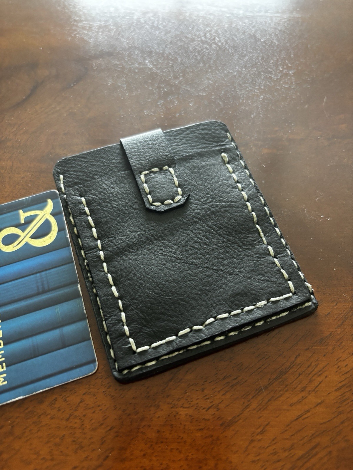Black Leather ID & Card Holder w/ Strap Closure, White Stitching, Unisex