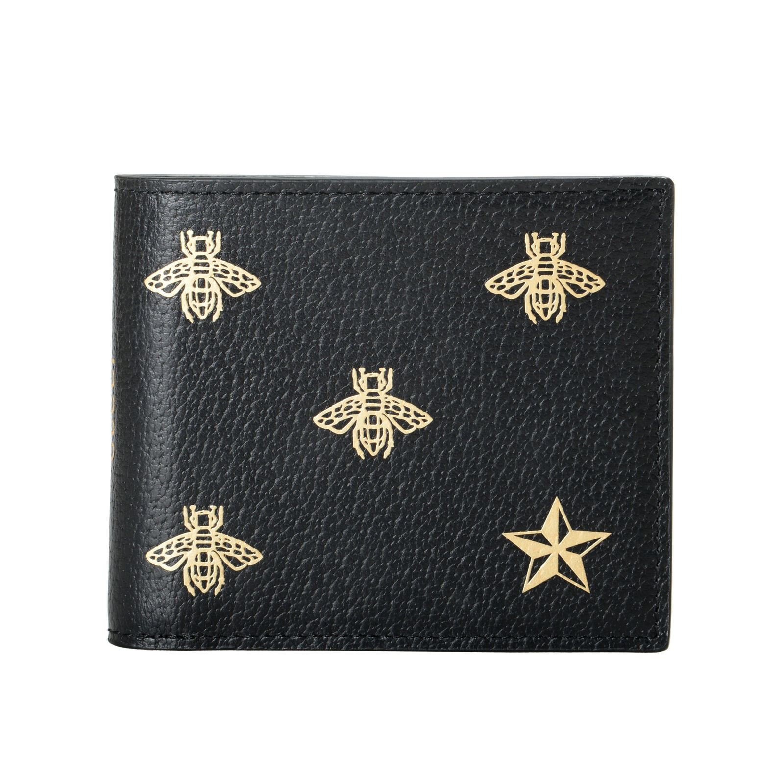 Gucci Men’s Black & Gold Bee Star Print Textured Leather Bifold Wallet