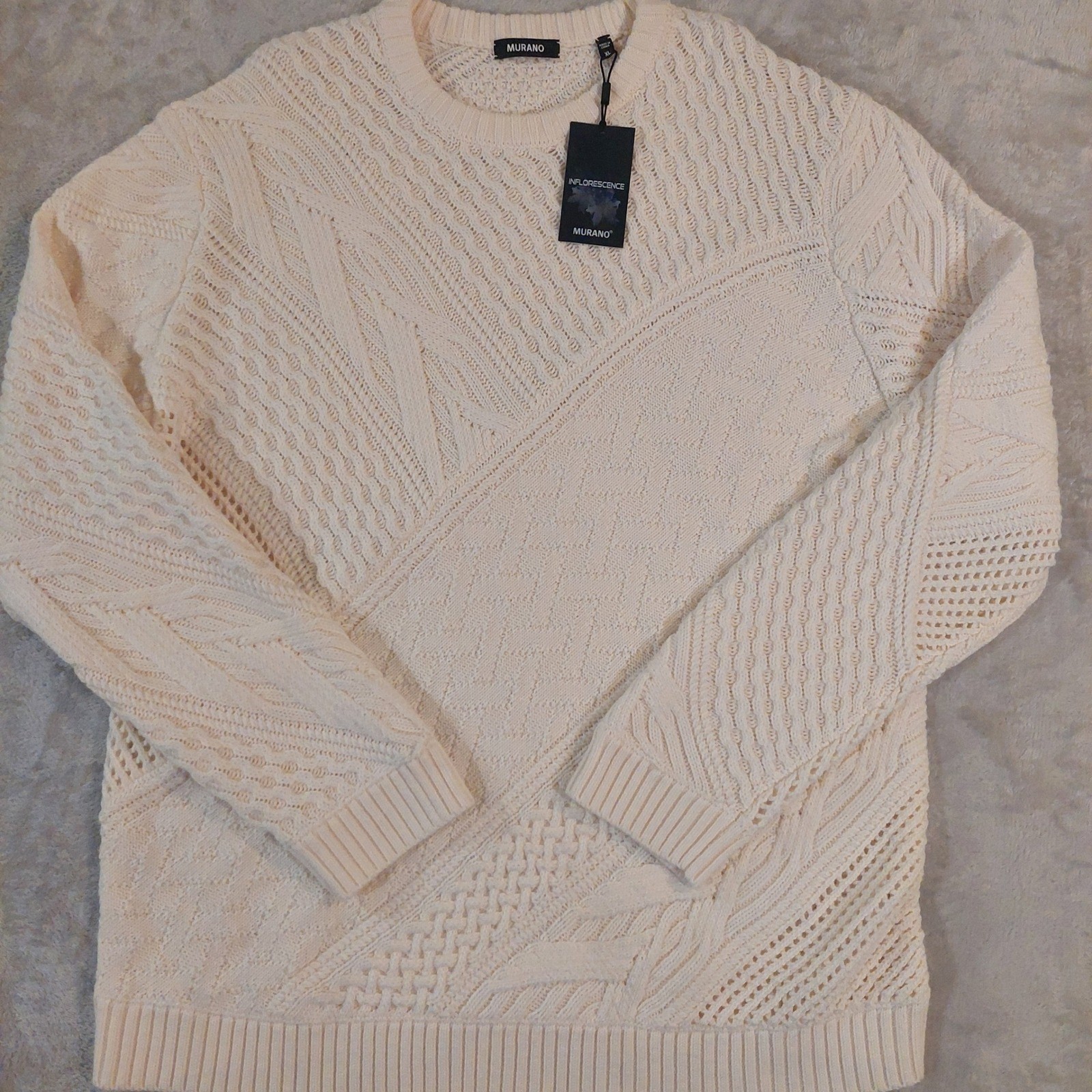 Murano Mens Cream Cable Knit Merino Wool Blend Sweater XL Inflorescence