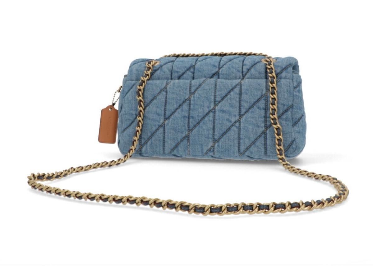 COACH Tabby Shoulder Bag Quilted Denim Leather Chain Strap 2-Way Blue 14x26x8cm