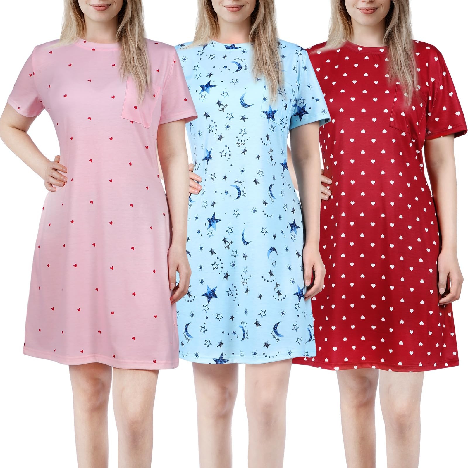 3 Pack Women’s Short Sleeve Cotton Nightgown (L, Stylish Style)