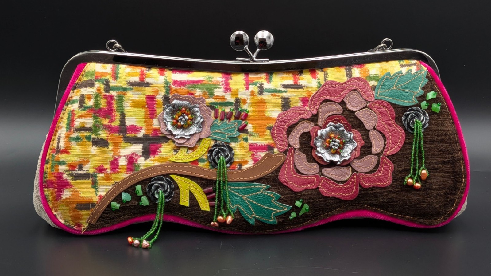 Mary Frances Embellished Frame Clutch Bag Beaded Floral Appliqué Textile Purse