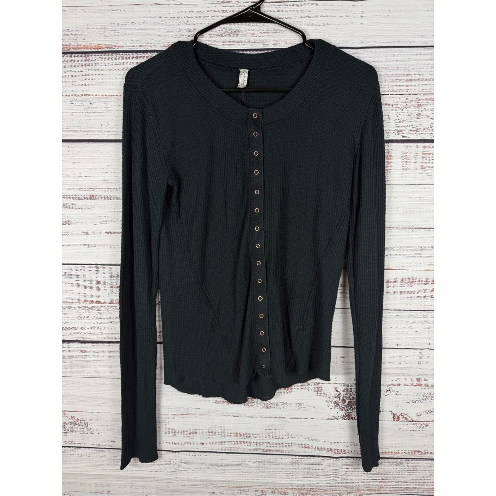 Free People Intimately Waffle Knit Snap Front Cardigan Top Black L