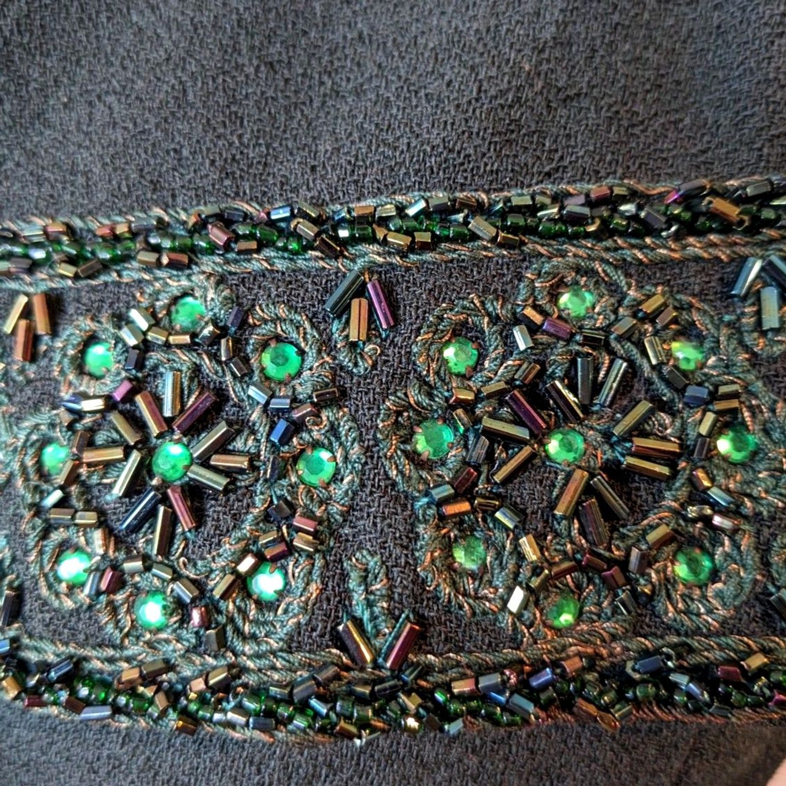 VTG 30s/40s Benham Original Beaded & Crystal Embellished Green Wool Jacket, Sz 8