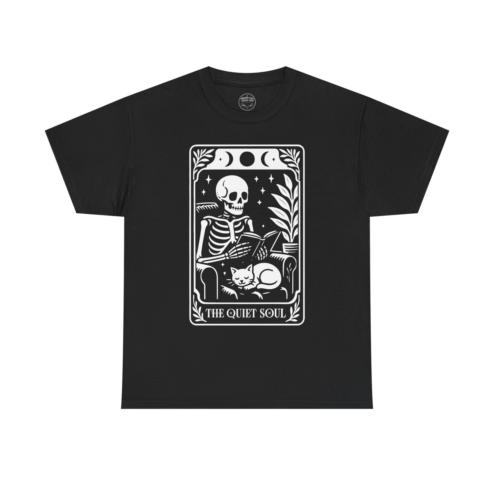 The Quiet Soul skeleton reading shirt | Skull cat tarot tee