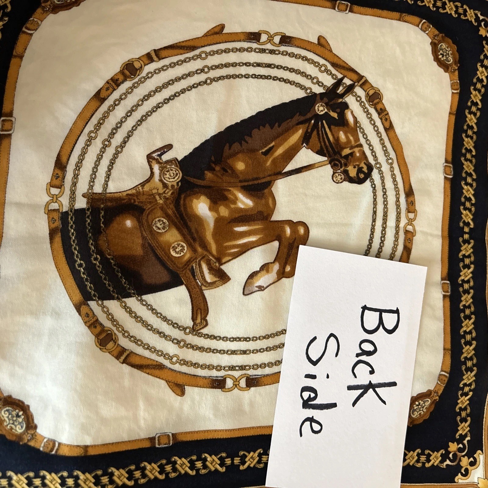 Scarf 100% Silk Gold Navy Blue And Beige Equestrian Scarf 20 Inches By 20 Inches