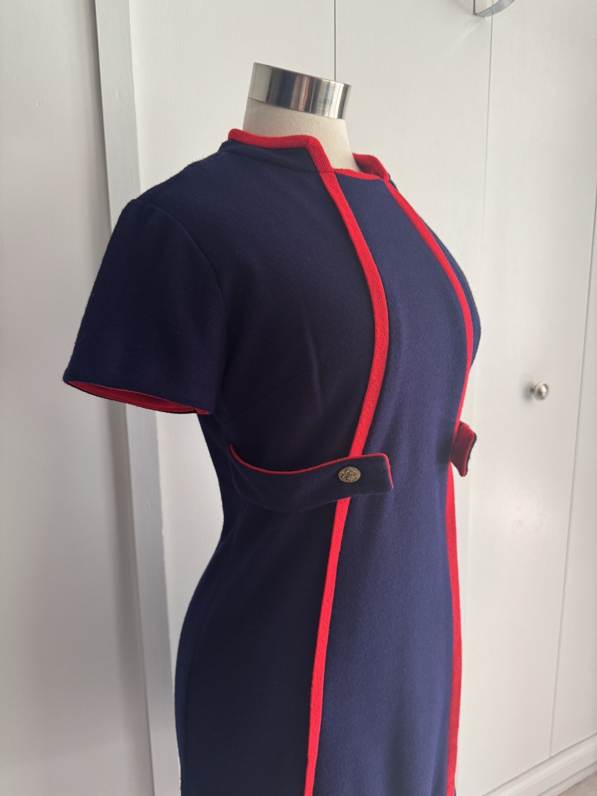 Vintage 1960s Navy Knit Dress Bold Red Piping Decorative Buttons
