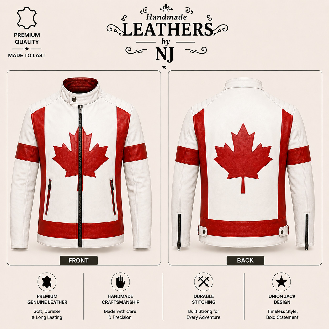 Canada Flag Leather Jacket, Union Jack Leather Coat, Men Women Vintage