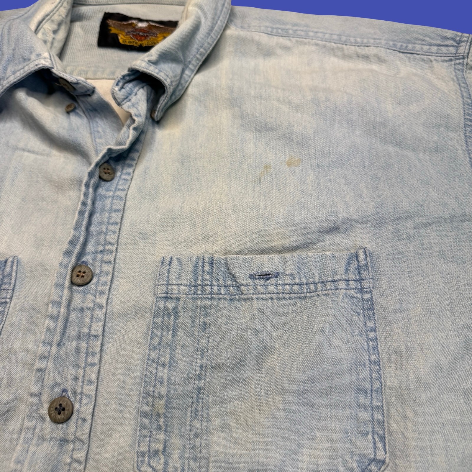 Harley-Davidson Denim Shirt Blue Motorcycle Biker Graphic Button Down Distressed