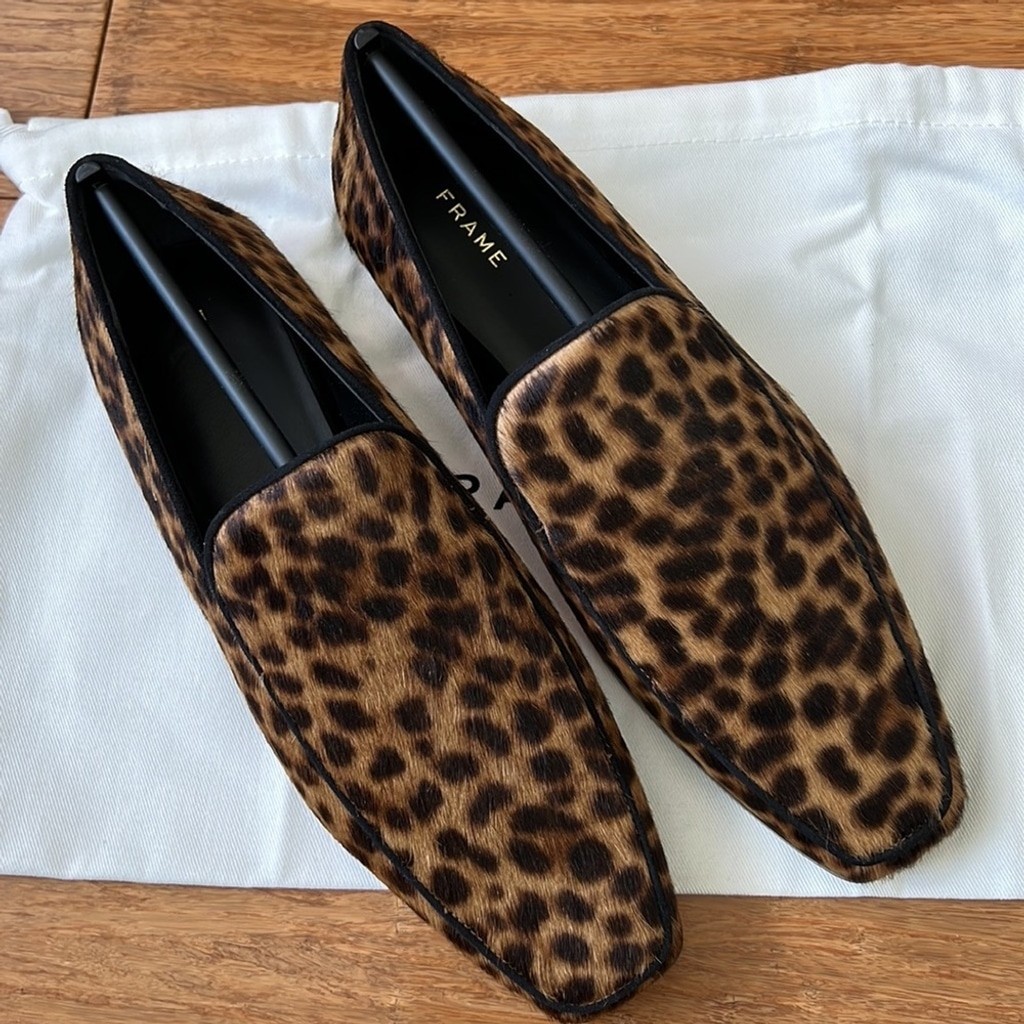 NEW FRAME Designer Le Verona Leather Leopard Print Loafers 38 w/ Dust Bag