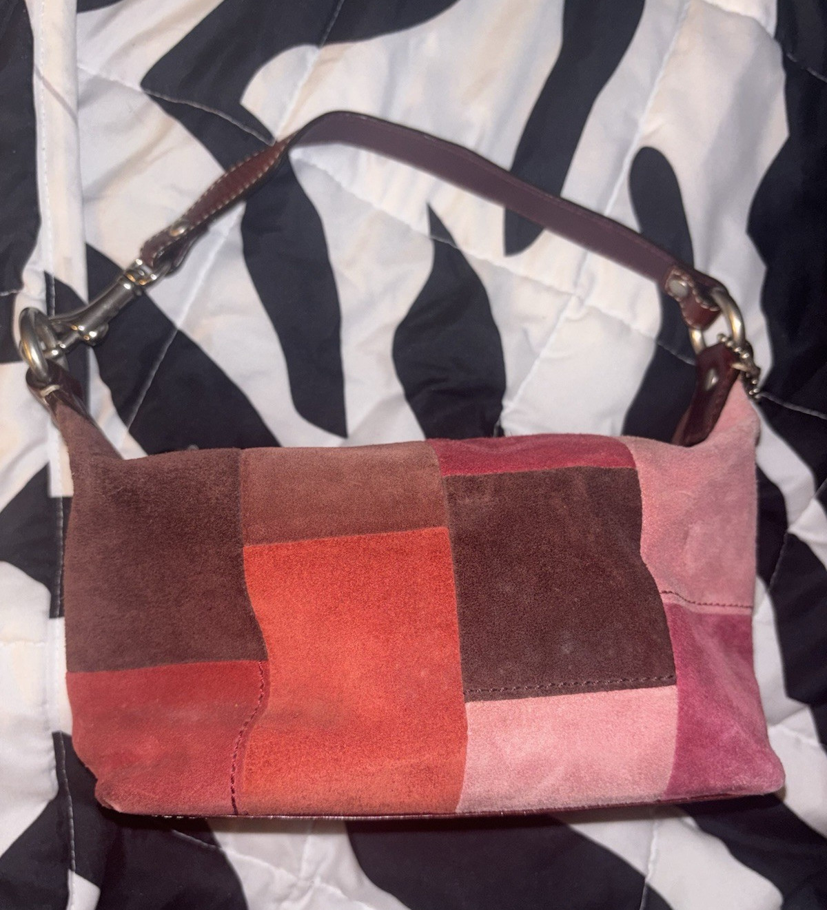 Coach patchwork shoulder bag, zip top, multicolor, silver hardware, charm