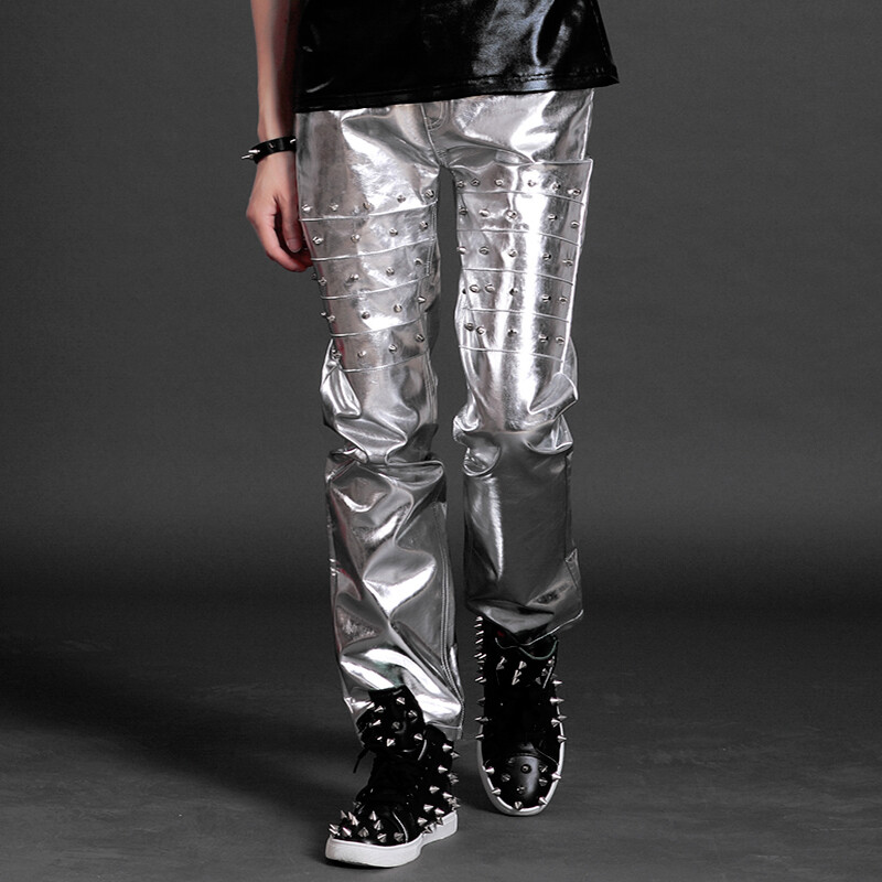 Metallic Men Faux Leather Studded Pants Party Nightclub Trousers Wet Look Shiny