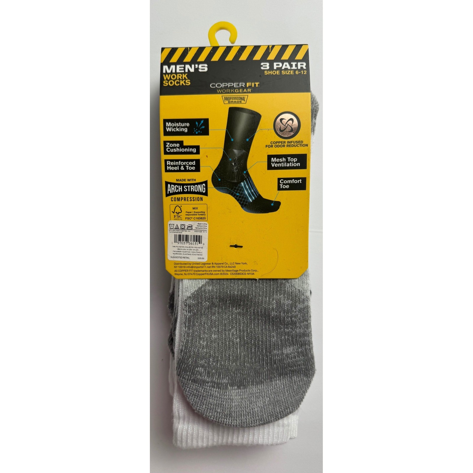 Copper Fit Workgear Mens Crew Work Socks 3 Pair Arch Compression White 6-12